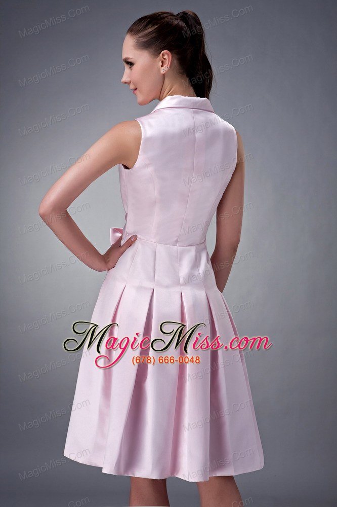 wholesale baby pink a-line / princess v-neck knee-length satin ruch and bow