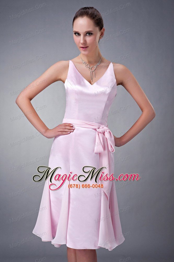wholesale baby pink column / sheath v-neck knee-length chiffon sash bridesmaid dress