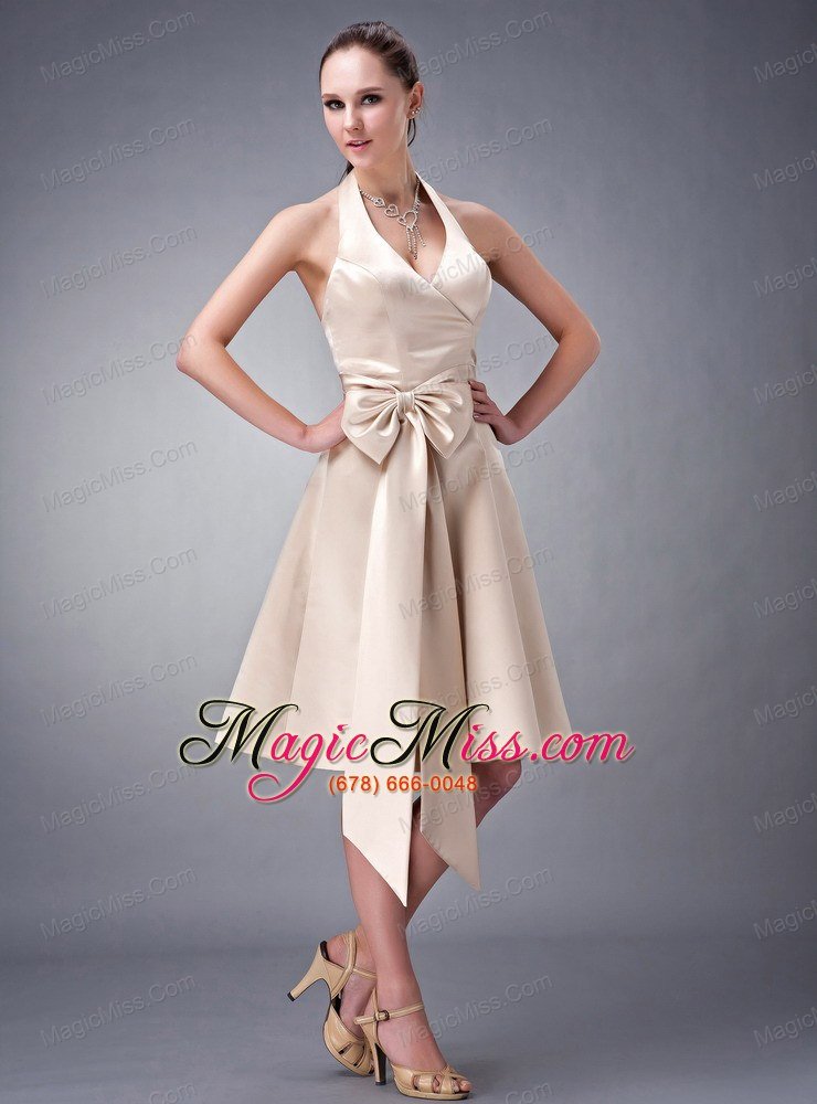 wholesale champagne a-line / princess halter tea-length satin sash bridesmaid dress