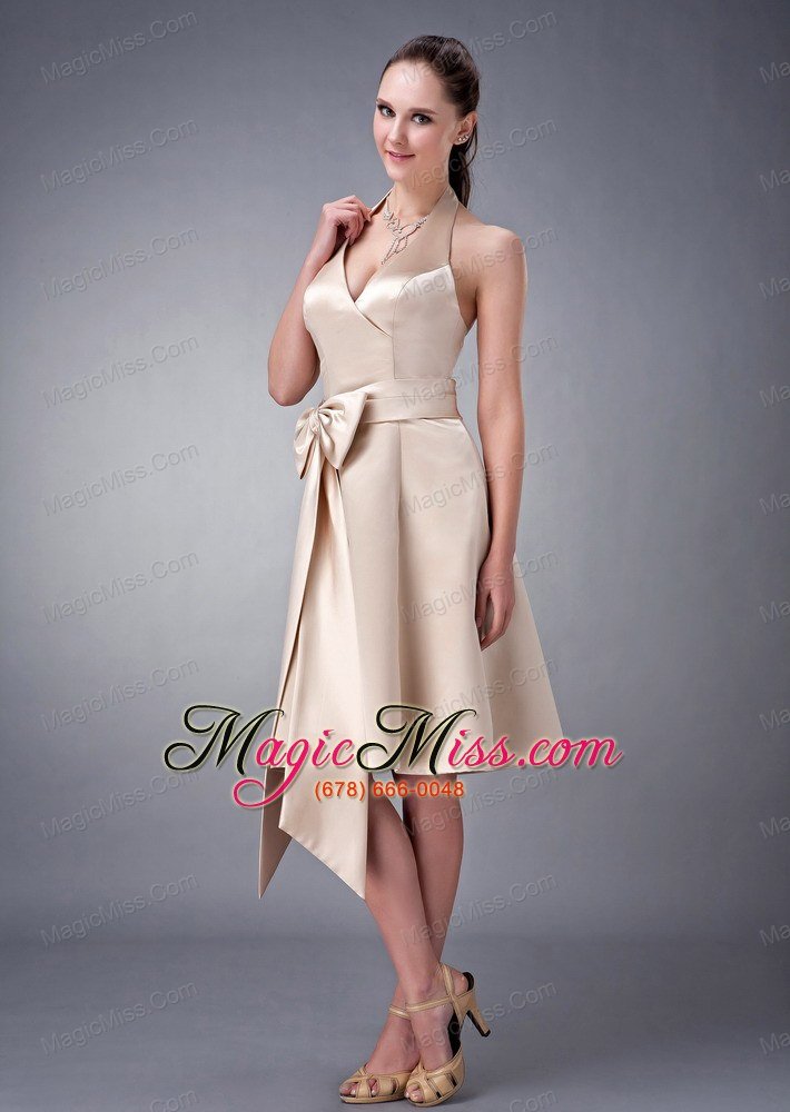 wholesale champagne a-line / princess halter tea-length satin sash bridesmaid dress