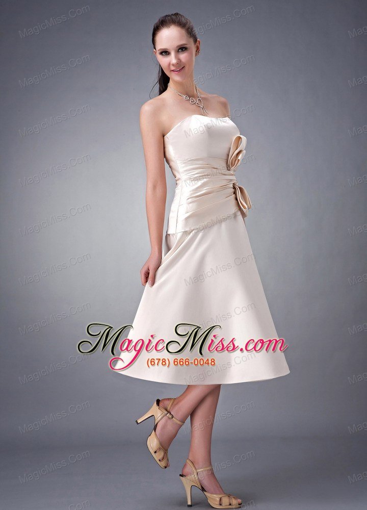 wholesale champagne a-line / princess strapless tea-length satin sash bridesmaid dress