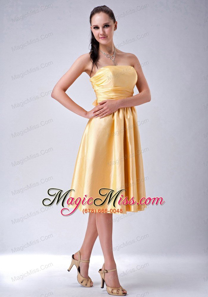 wholesale special gold empire strapless bow bridesmaid dress tea-length satin
