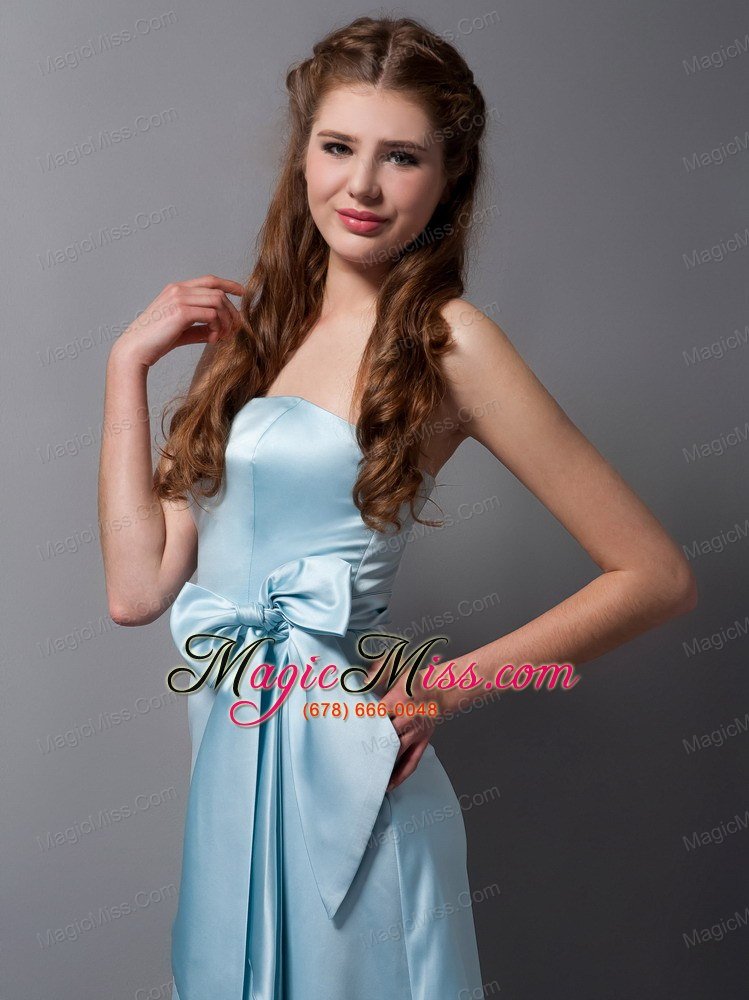 wholesale customize baby blue column strapless bridesmaid dress satin bow brush train