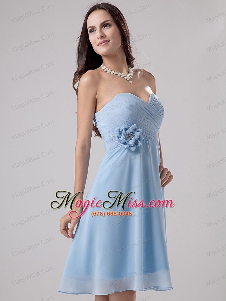 wholesale light blue prom / homecoming dress with hand made flower and ruching knee-length chiffon