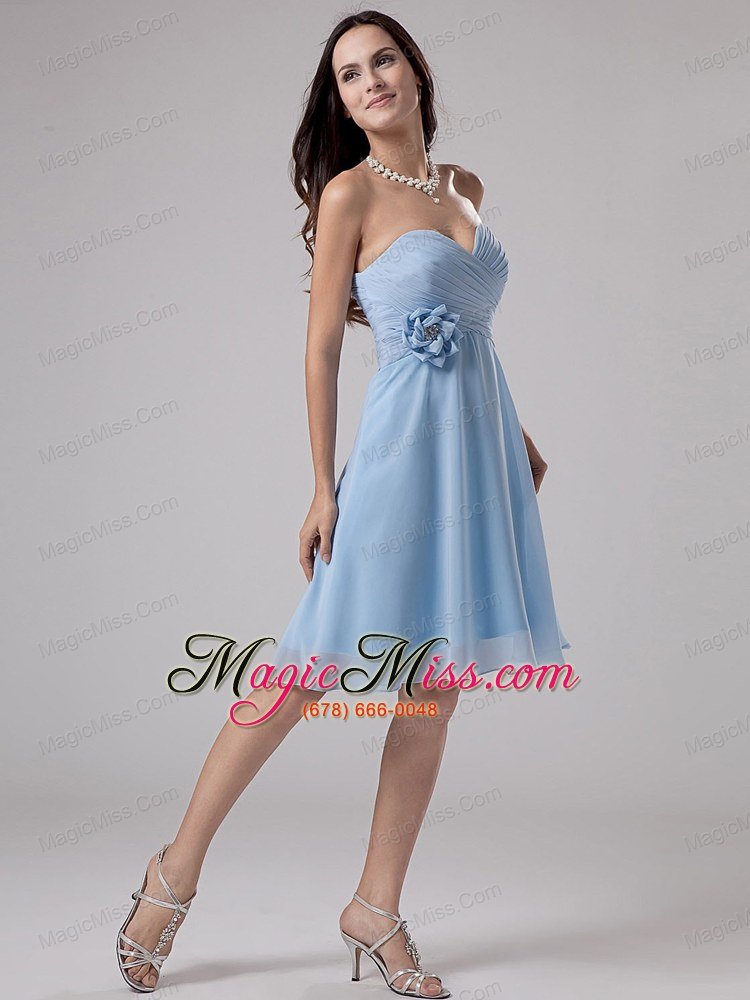 wholesale light blue prom / homecoming dress with hand made flower and ruching knee-length chiffon