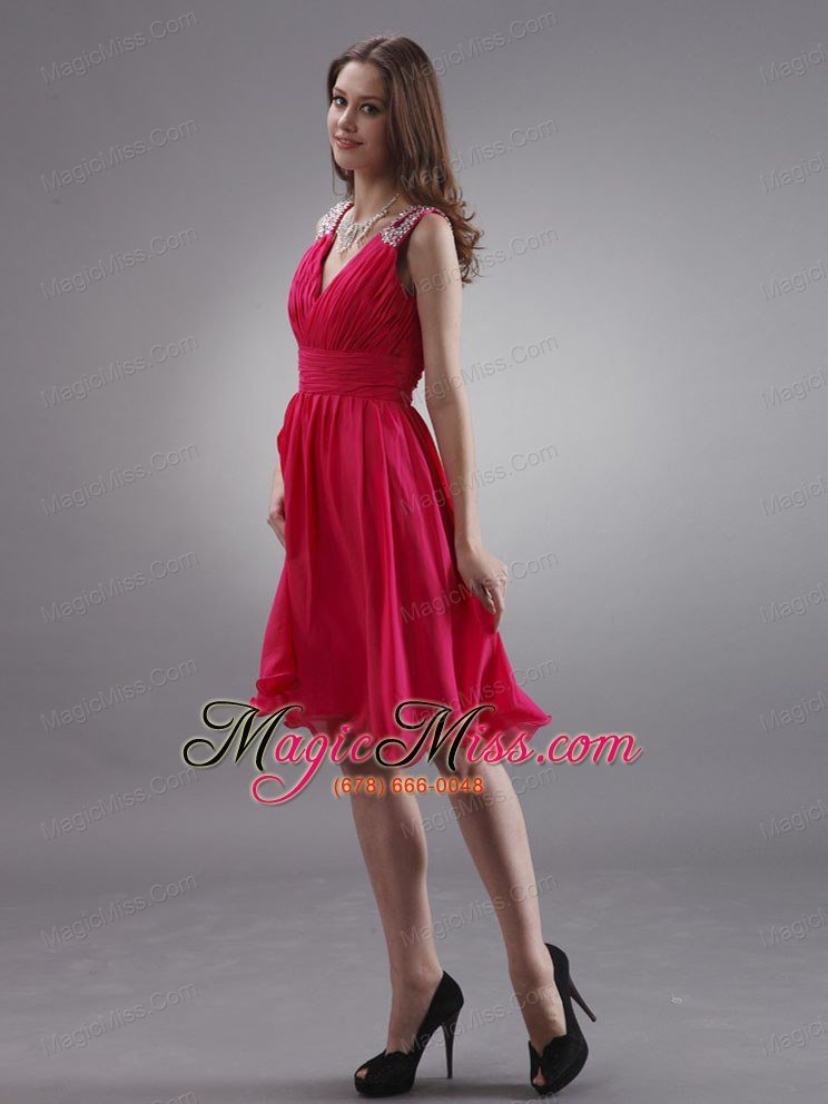 wholesale coral red v-neck prom / homecoming dress with beading chiffon knee-length