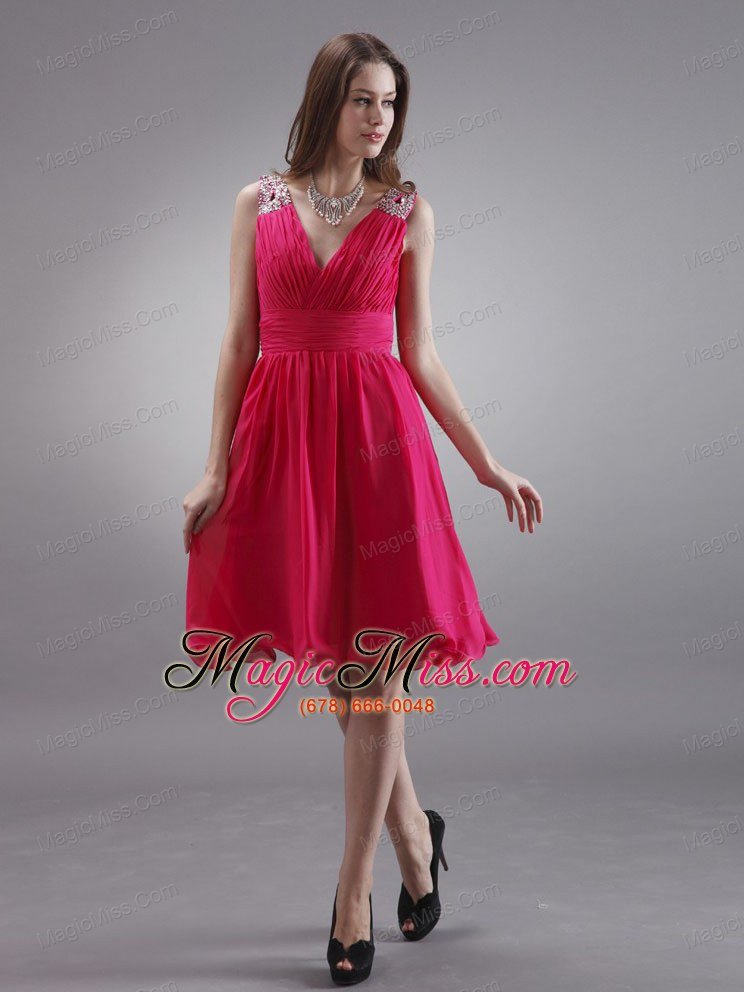 wholesale coral red v-neck prom / homecoming dress with beading chiffon knee-length