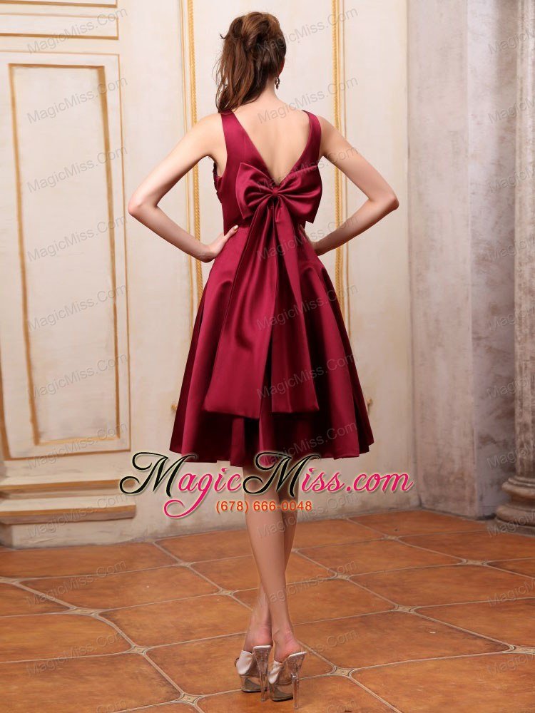 wholesale burgundy bridemaid dress v-neck knee-length satin