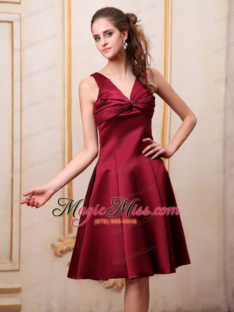 wholesale burgundy bridemaid dress v-neck knee-length satin