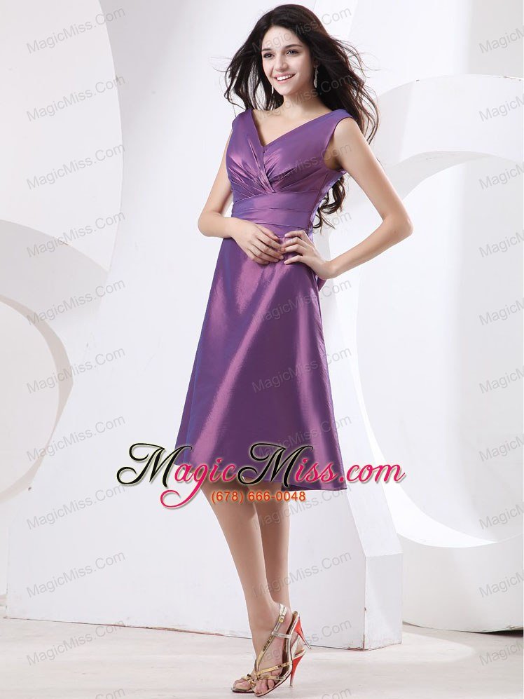 wholesale v-neck purple bridesmaid dress with knee-length and bow