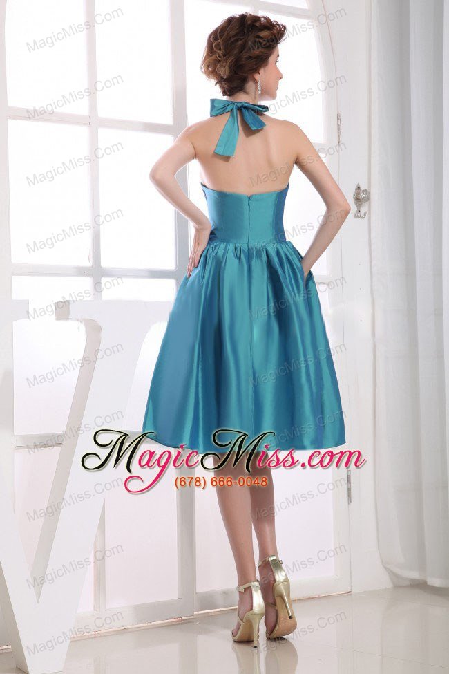 wholesale halter neckline teal bowknot knee-length bridesmaid dress