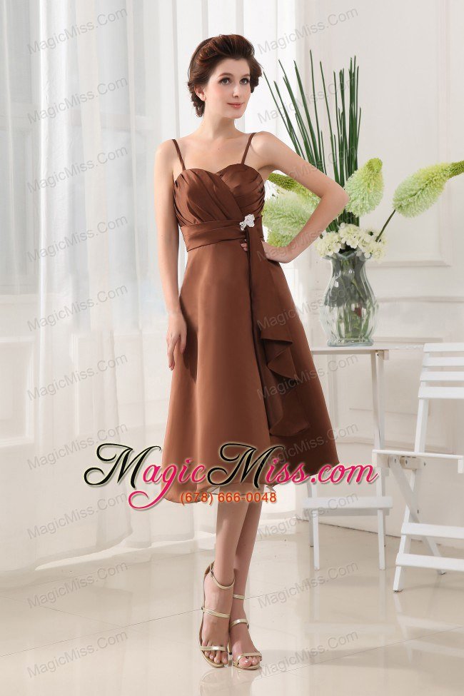 wholesale beading a-line straps chiffon brown tea-length prom dress