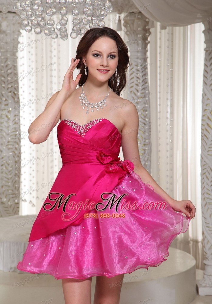 wholesale hot pink organza mini-length sweetheart for prom / cocktail dress with beading decorate