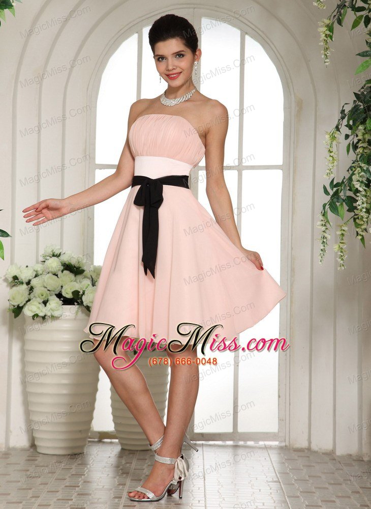 wholesale baby pink bridesmaid dress with black sash knee-length