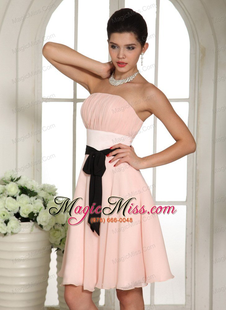 wholesale baby pink bridesmaid dress with black sash knee-length