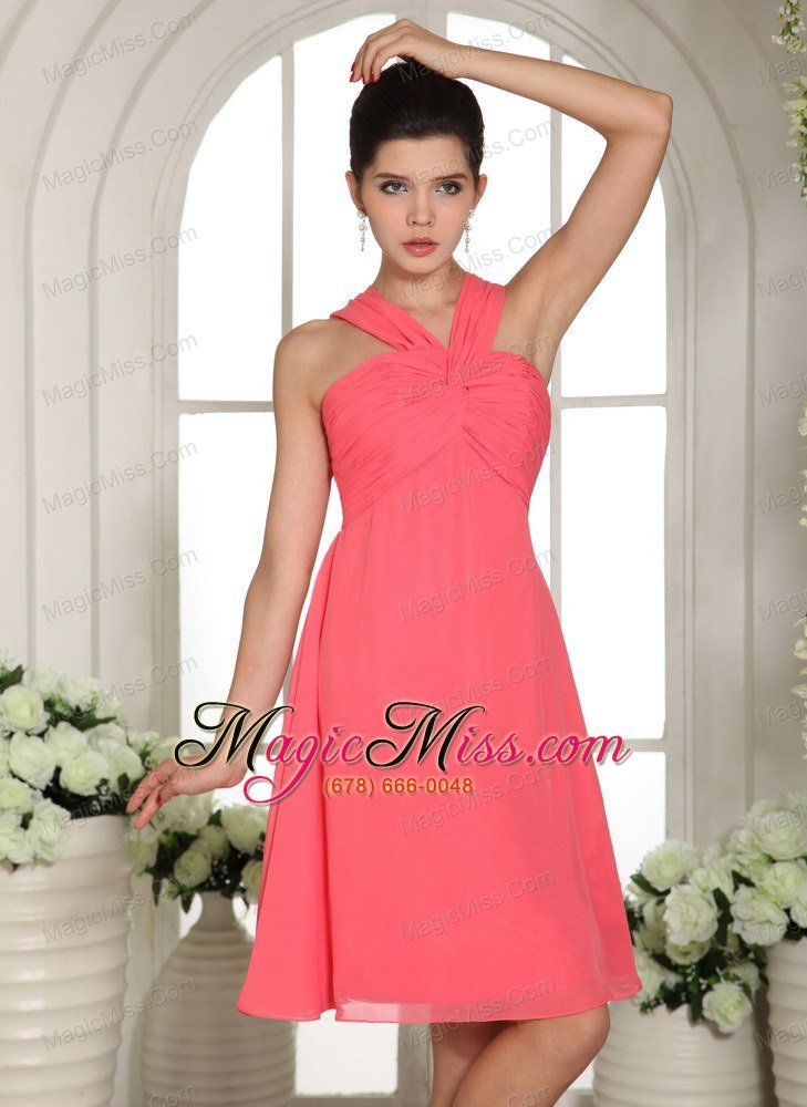 wholesale custom made v-neck watermelon ruched decorate bust 2013 bridesmaid dress