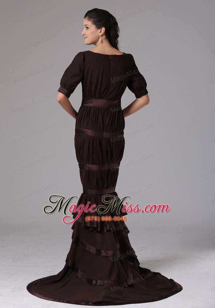 wholesale custom made brown mermaid scoop ruffled layeres mother of bride dress with chiffon in darien connecticut