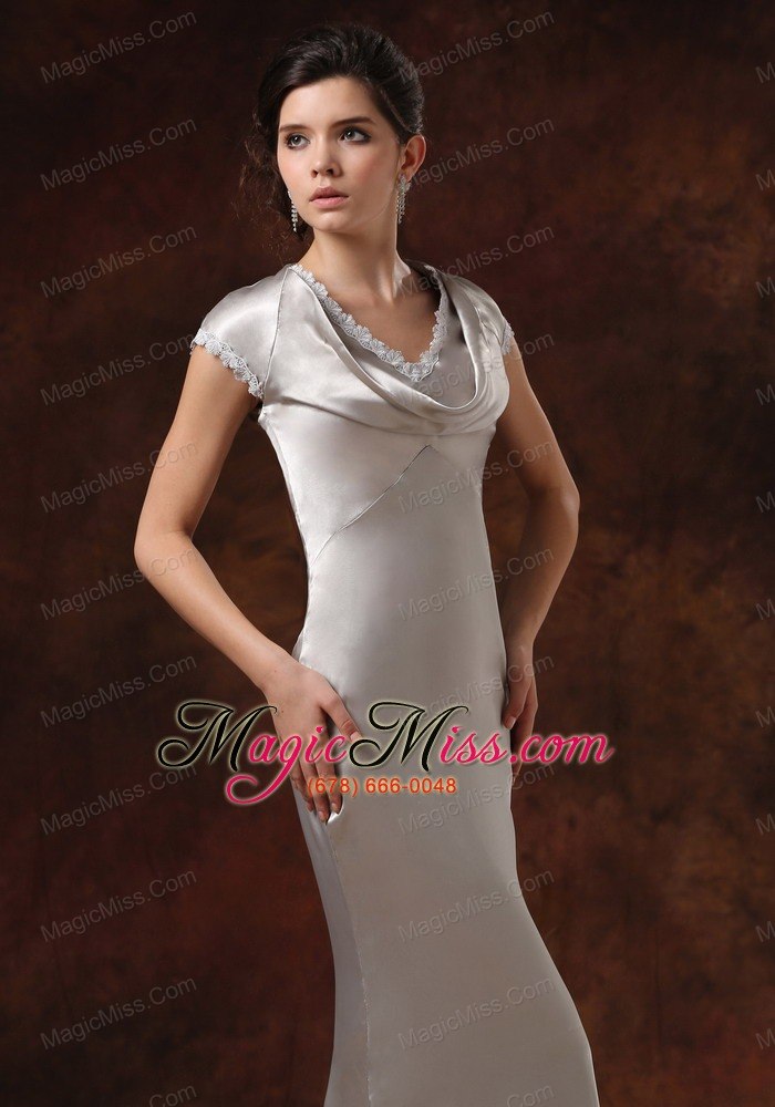 wholesale satin sliver v-neck mother of the bride dress with short sleeves