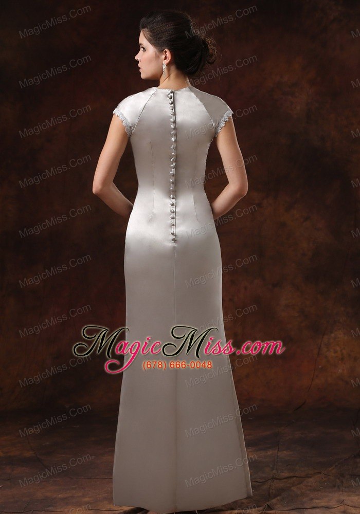 wholesale satin sliver v-neck mother of the bride dress with short sleeves