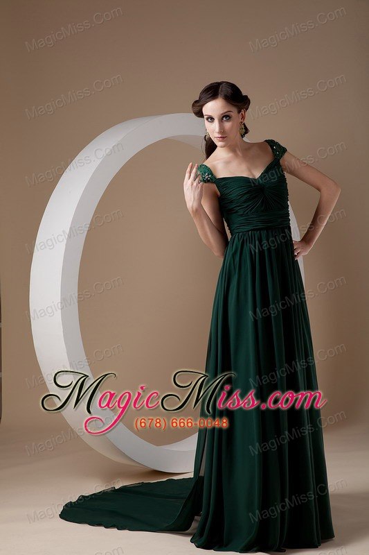 wholesale dark green empire square watteau train chiffon beading prom / evening dress