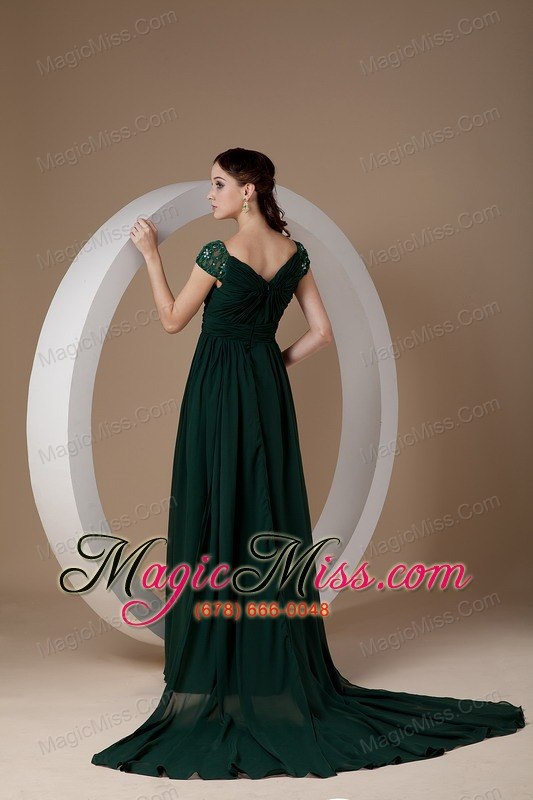 wholesale dark green empire square watteau train chiffon beading prom / evening dress
