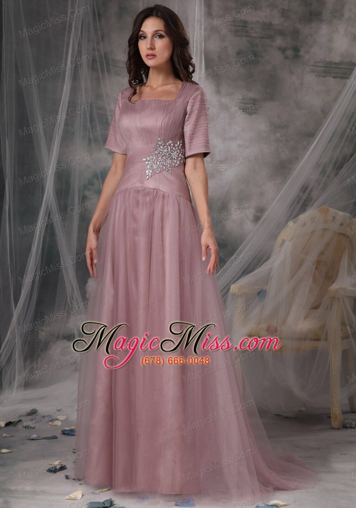 wholesale zai simple column / sheath square brush / sweep tulle beading mother of the bride dress