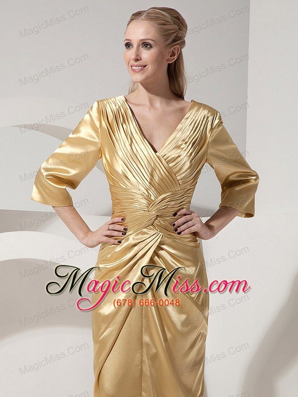 wholesale gold column v-neck brush train taffeta ruch prom dress