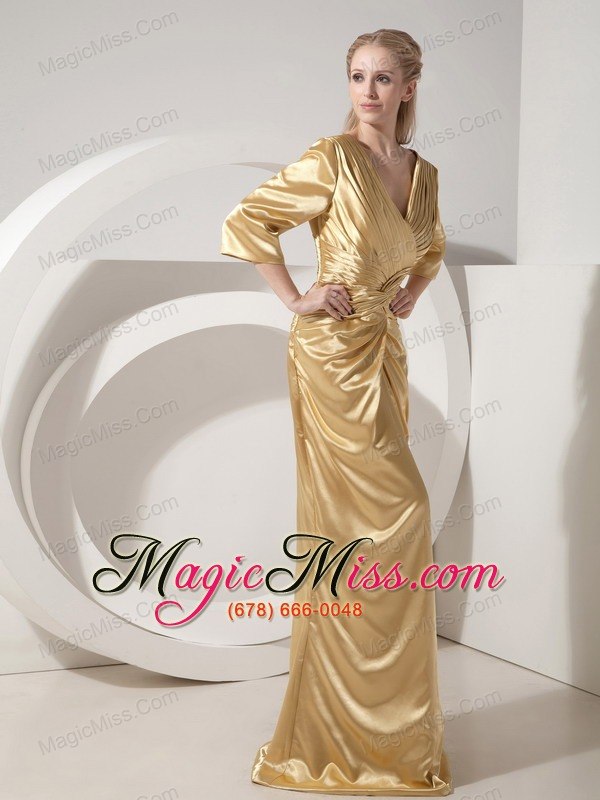 wholesale gold column v-neck brush train taffeta ruch prom dress