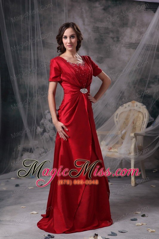 wholesale red a-line scoop brush train taffeta beading and ruch mother of the bride dress