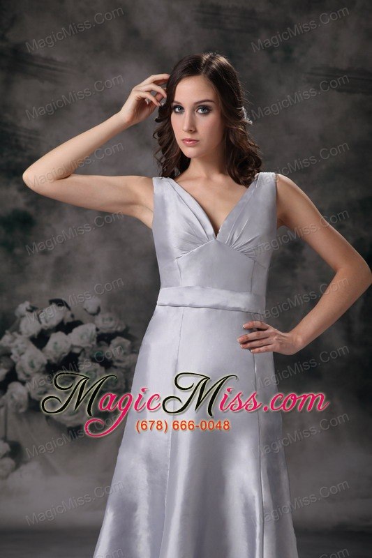 wholesale grey column / sheath v-neck floor-length satin ruch prom dress
