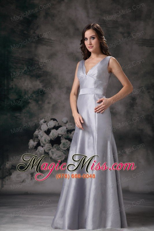 wholesale grey column / sheath v-neck floor-length satin ruch prom dress