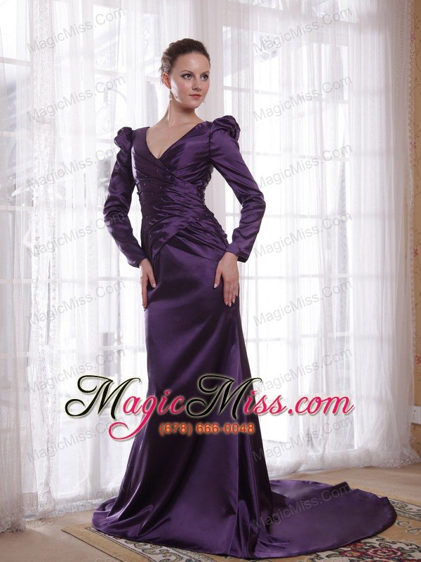 wholesale dark purple column / sheath v-neck brush /sweep taffeta mother of the bride dress