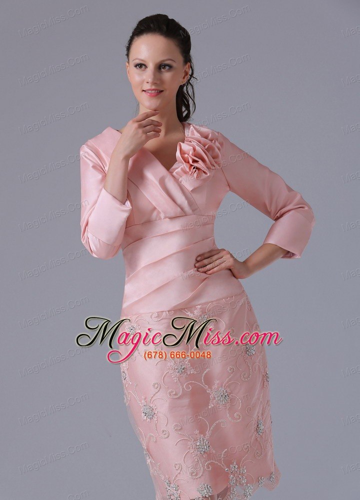 wholesale mdest baby pink long sleeves mother of the bride dress with hand made flowers knee-length