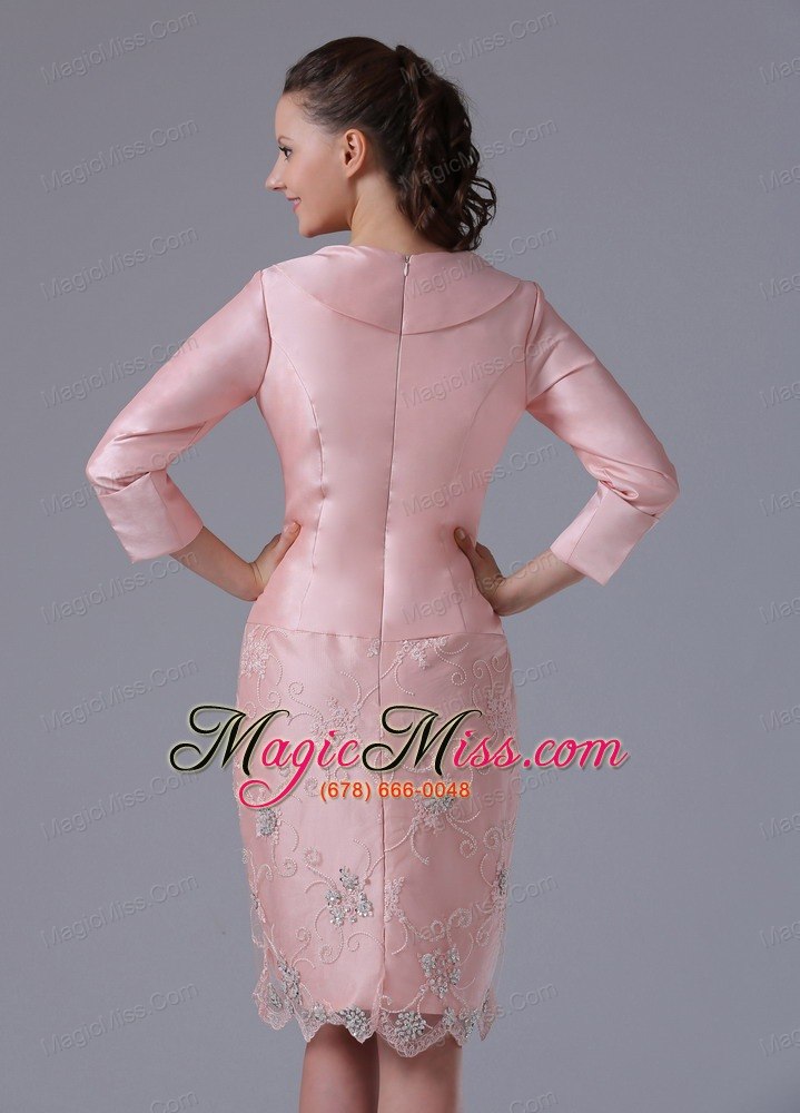 wholesale mdest baby pink long sleeves mother of the bride dress with hand made flowers knee-length