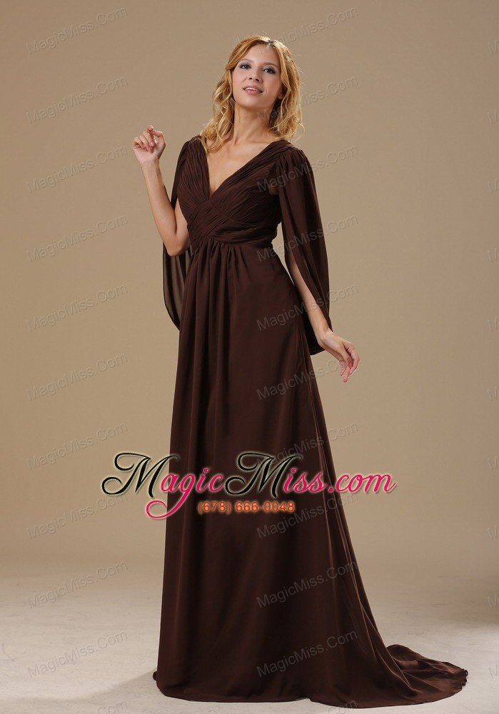 wholesale washington v-neck brush train brown chiffon long sleeves modest style 2013 mother of the bride dress
