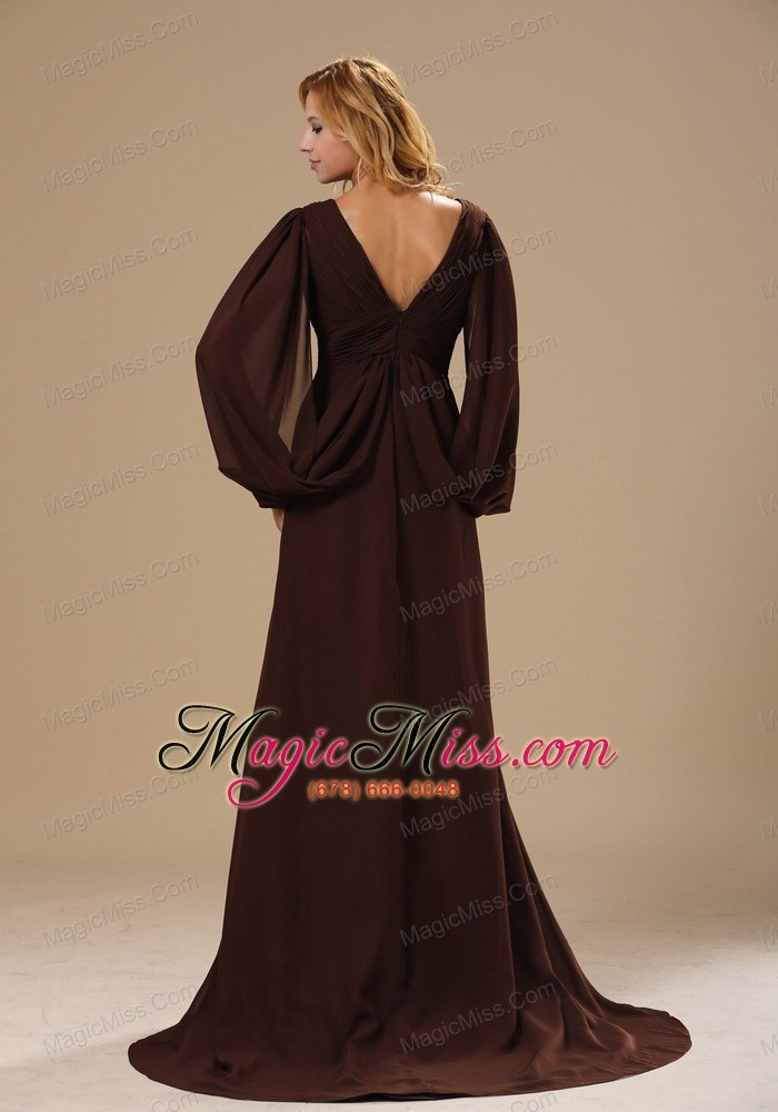 wholesale washington v-neck brush train brown chiffon long sleeves modest style 2013 mother of the bride dress