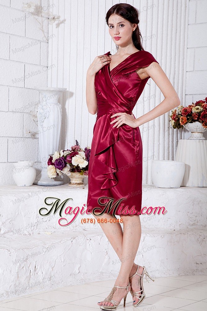 wholesale wine red column v-neck knee-length taffeta ruch prom / homecoming dress