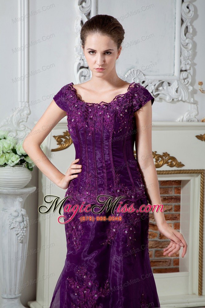 wholesale purple a-line scoop brush train satin appliques and beading prom dress