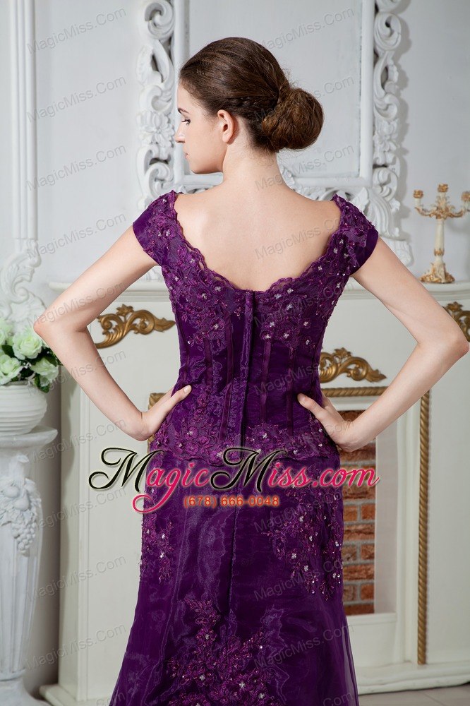 wholesale purple a-line scoop brush train satin appliques and beading prom dress