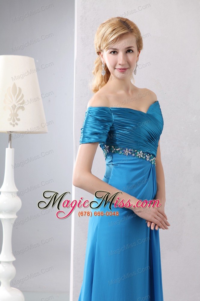 wholesale sexy sky blue column off the shoulder beading mother of the bride dress ankle-length taffeta and chiffon