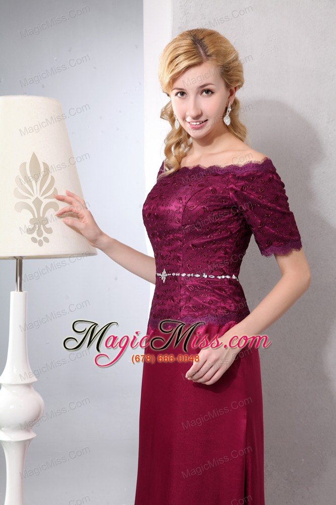 wholesale burgundy column off the shoulder ankle-length taffeta and lace beading prom dress