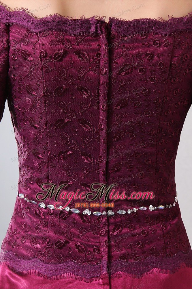 wholesale burgundy column off the shoulder ankle-length taffeta and lace beading prom dress