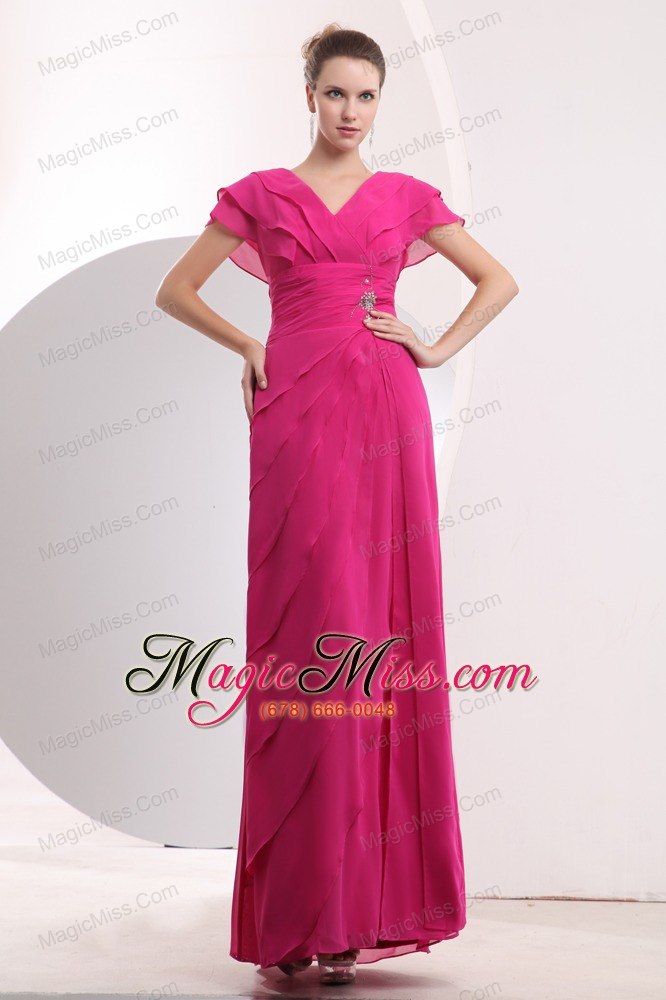 wholesale modest hot pink empire v-neck prom dress chiffon beading floor-length