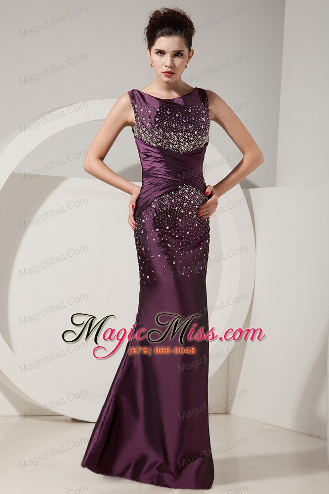 wholesale modest dark purple prom dress mermaid scoop beading floor-length satin