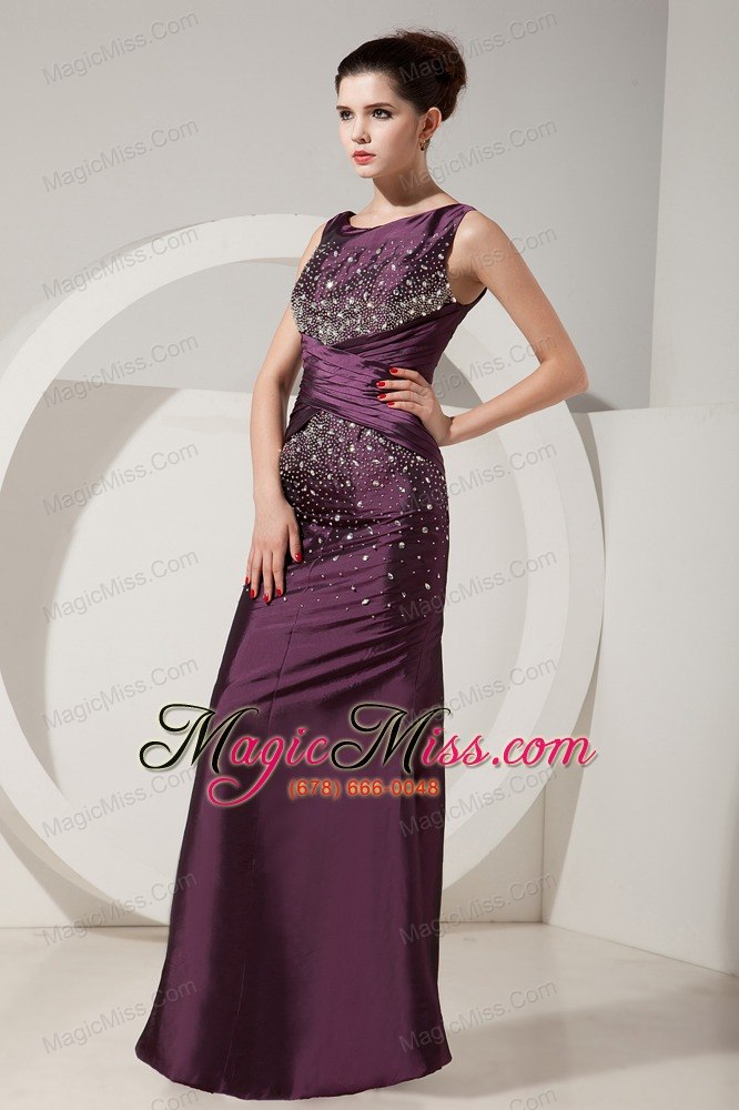 wholesale modest dark purple prom dress mermaid scoop beading floor-length satin