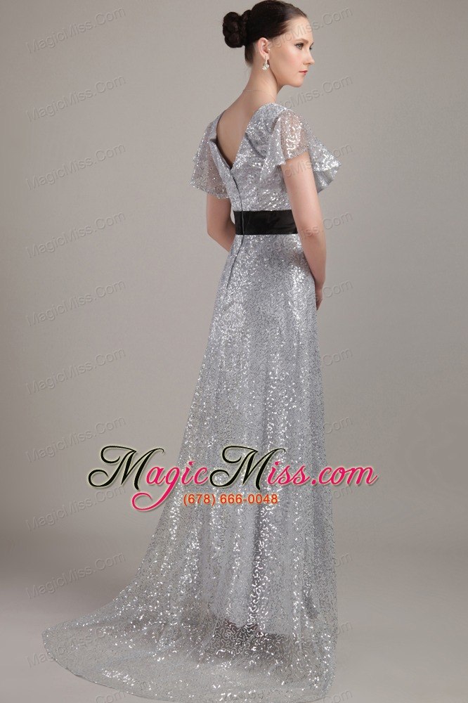 wholesale grey empire v-neck brush train sequin belt mother of the bride dress