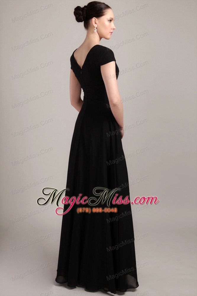 wholesale black column / sheath v-neck short sleeves floor-length chiffon beading and ruch mother of the bride dress