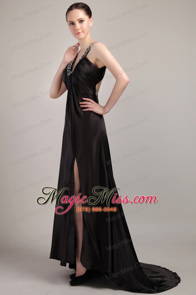 wholesale black empire v-neck sweep / brush elastic woven satin beading prom dress