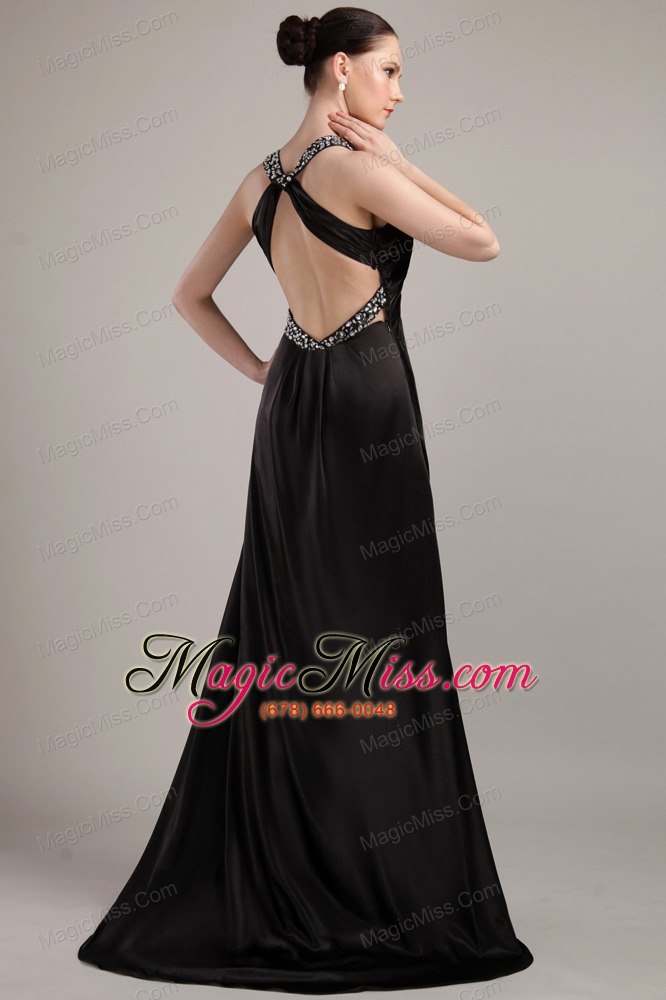 wholesale black empire v-neck sweep / brush elastic woven satin beading prom dress