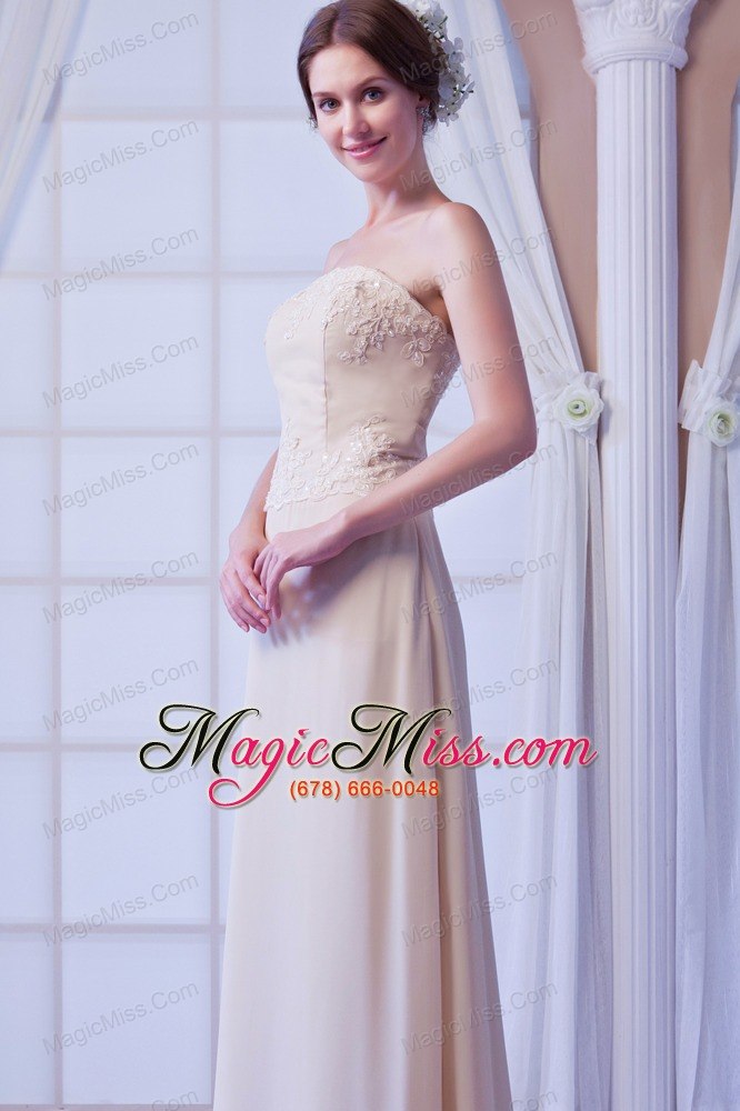 wholesale champagne empire strapless feet-length chiffon appliques with beading prom dress